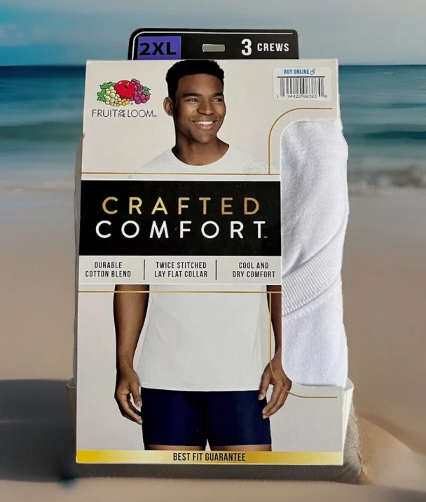 FRUIT OF THE LOOM “CRAFTED COMFORT” 3 PK T SHIRTS WHITE MENS SIZE 2XL (50-52")
