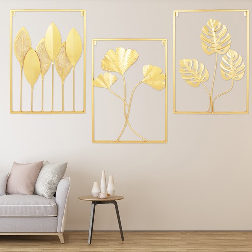 3 PCS 24" Metal Wall Art Hanging Sculpture Gold Leaf Home Garden Decor