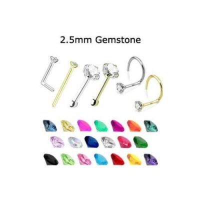 18K Solid White or Yellow Gold Nose Ring Stud Screw L Bend Bone 2.5mm CZ 20G