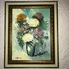 VINTAGE mums floral flower original hand painted oil PAINTING Mid Century Modern