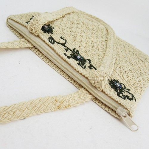 Cream Crochet Handbag Women Floral Detail Lined Double Shoulder Straps Purse Bag - Picture 8 of 13
