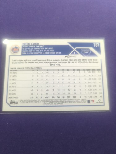 Seth Lugo Blue Parallel New York Mets 2023 Topps Series 1 - Picture 2 of 2