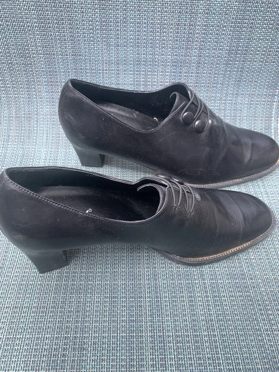 Sudini Black Leather Shoes Pumps Chunky Heel Size 9.5 Buttons eBay