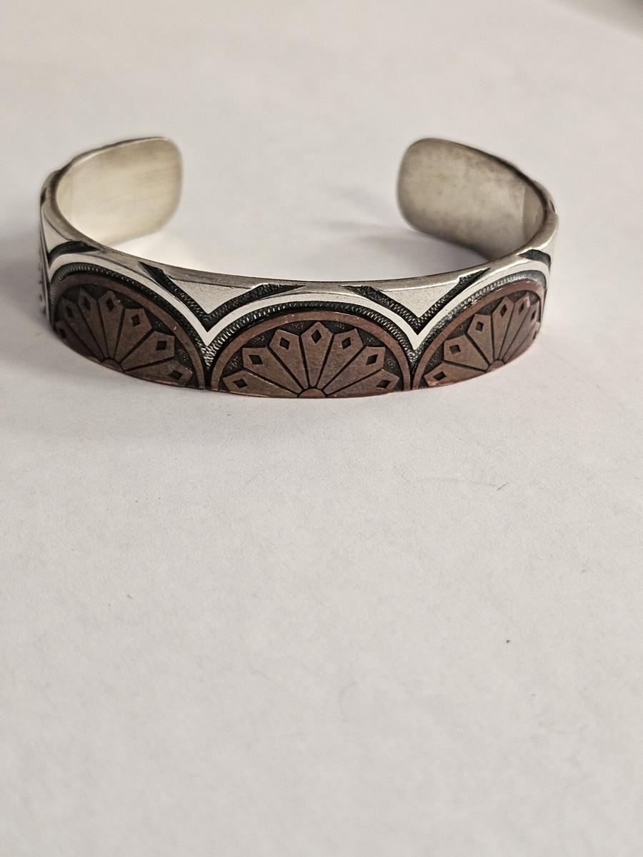 VINTAGE KJI DESIGNER STERLING COPPER STAMPED CUFF BRACELET
