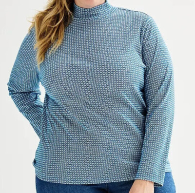 Croft & Barrow Size 2X Blue Geo print mock neck knit top, long sleeve, NWT