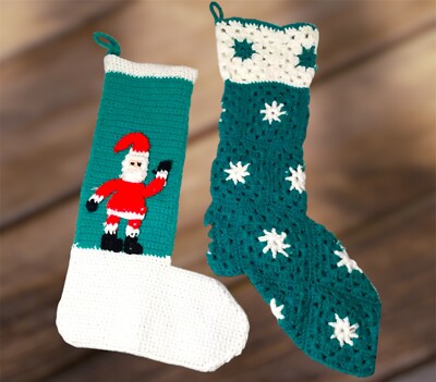 Vintage Handmade Crocheted Granny Square Red, Green & White Christmas stockings