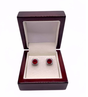 Ohrstecker Weißgold-Finish rund Edelsteinschliff roter Rubin und kreierter Diamant