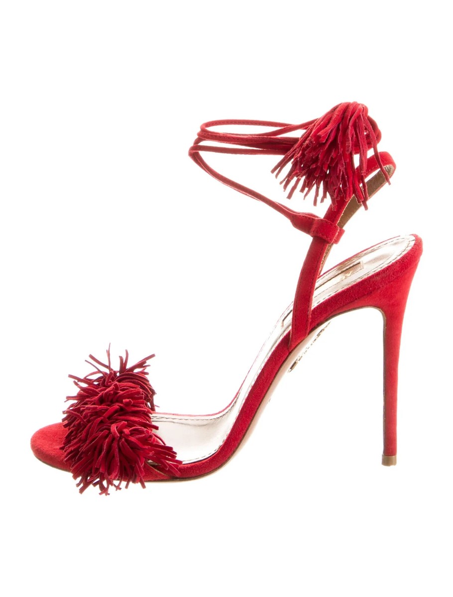 シューズ・サンダルその他 Aquazzura Sandals Red AQUAZZURA Red Suede Fringe Trim Accent Sandals Size 5.5 IT