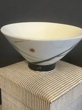 Vintage asian rice bowl White With Red & Black Diagonal Lines