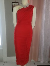 L'VOW Women's Sexy One Shoulder Ruched Bodycon Stretchy Midi Pencil Club Dress L