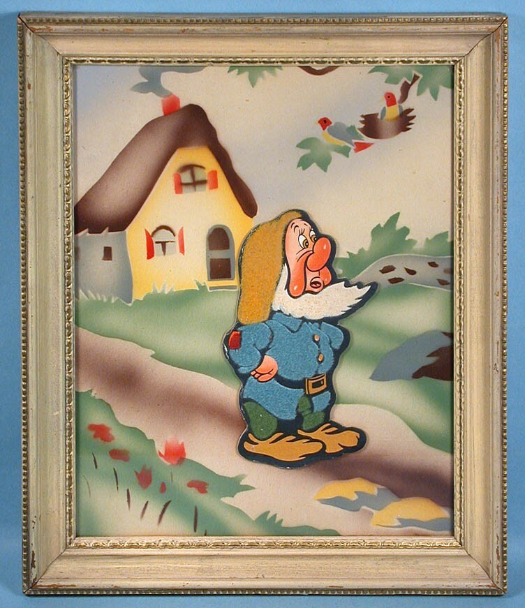 1940s Snow White Sneezy Dwarf Framed Fuzzy Print with Background