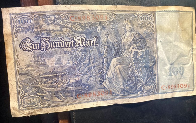 1910 Distressed 100 Mercury Ceres Mark Reichsbanknote Ripped Wrinkled Stained