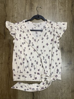 LOFT  Wrap Blouse Top Cream Floral Cinch Waist Dainty Peasant Blouse Casual Boho