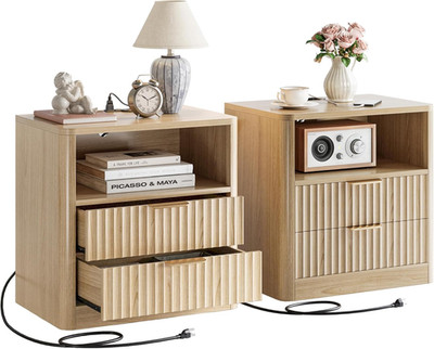 Fluted Night Stand Set of 2, Modern Nightstand with Charging Station, Drawers an