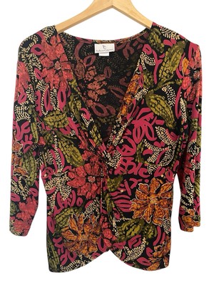 The Travel Collection PM Multicolor Floral Mesh 3/4 SLV Twist Front V Neck Top
