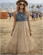 Young Threads Dress S Lace Denim Tiered Boho Festival Ruffle Prairie Babydoll