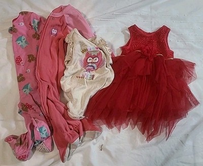 Baby Girl 12-18 Months Clothing Lot Of 4 -1 Red Dress 2 footy pj 1 Snap top