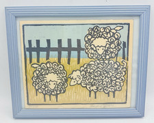 Margery Niblock SHEEP Lithograph HAND SIGNED & Framed 1937 Vtg *NICE* 11"x9"
