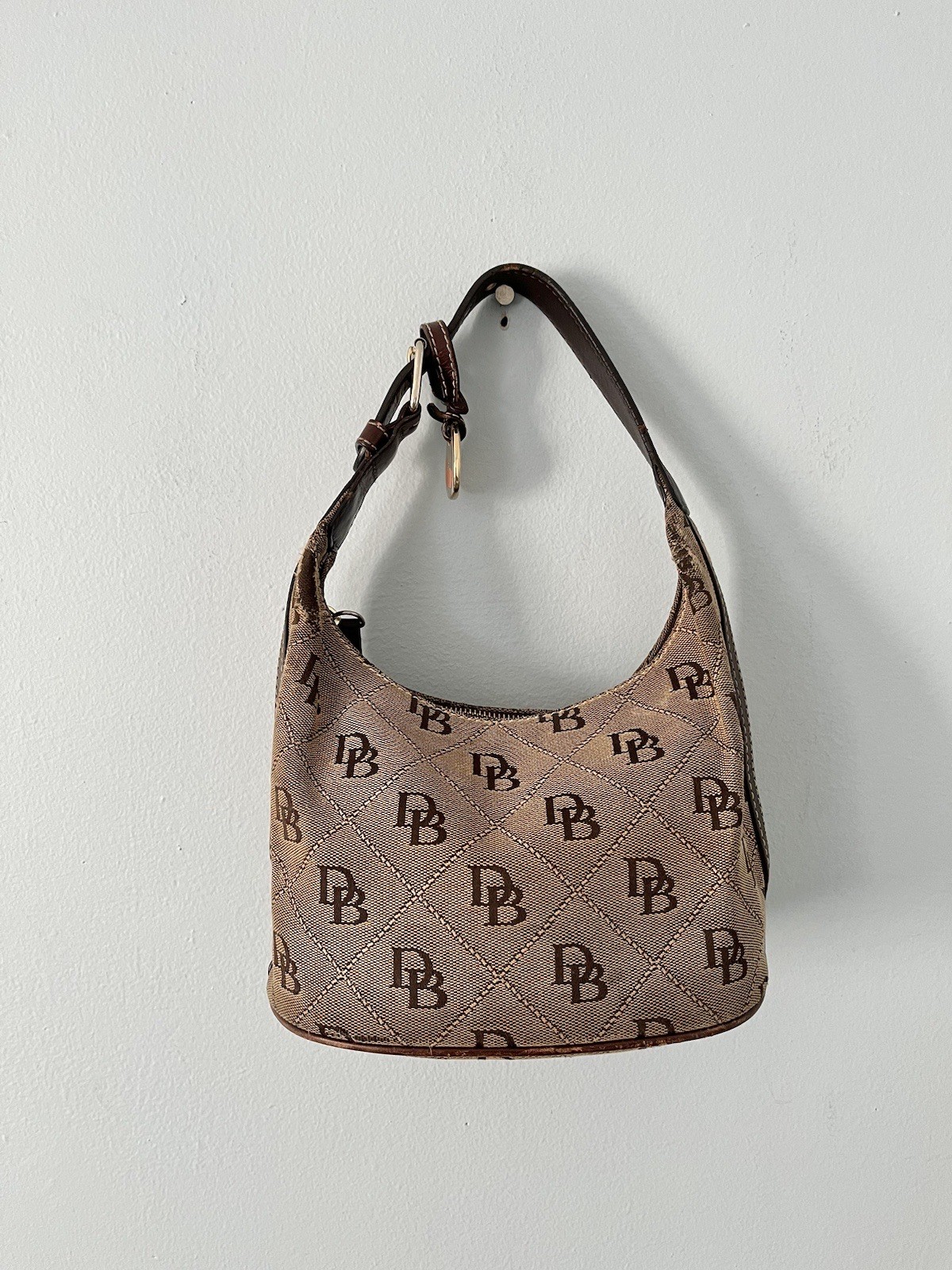 Dooney & Bourke Tan Brown leather trim Small Hobo Bag Logo Canvas Y2K Bag Charm