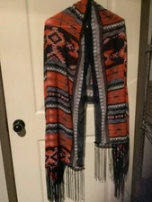 Vintage Southwestern Aztec Boho Fringed Scarf Wrap Shaw 72” X 28”