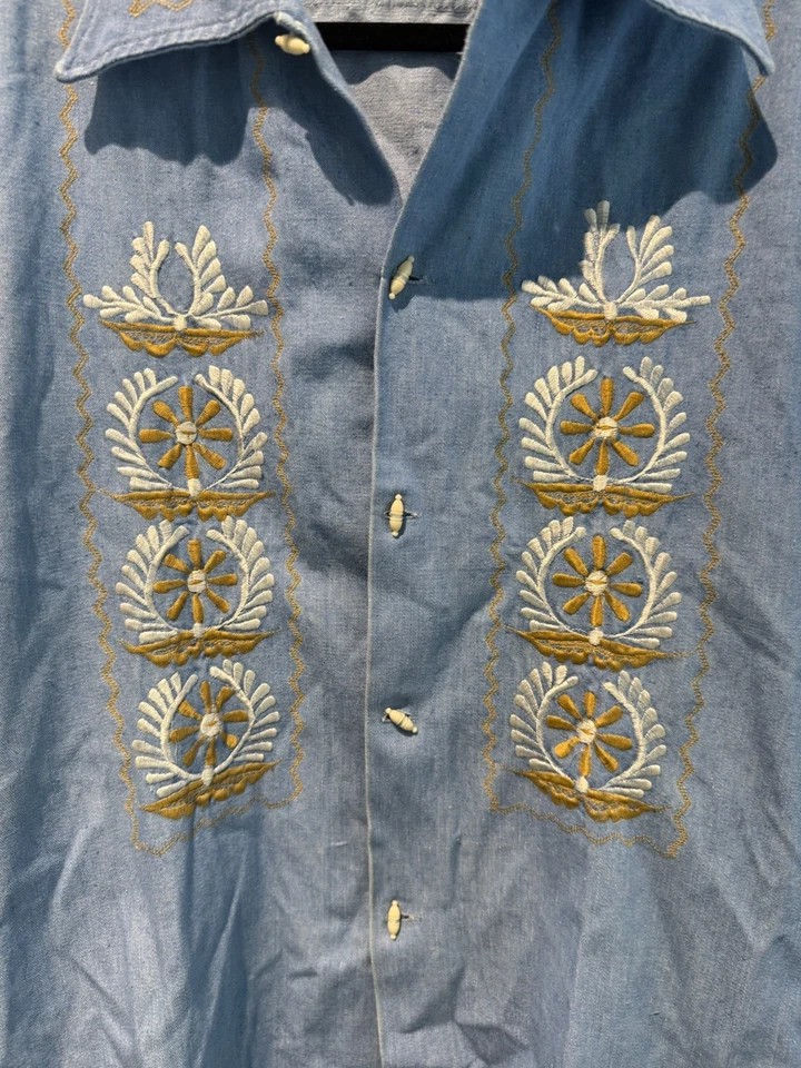 Мужская винтажная джинсовая мексиканская вышитая рубашка хиппи 60-х размер 40 1960-е Bordhdos с цветочным рисунком - Изображение 3 из 4