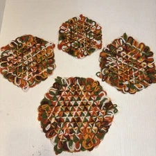 Pot Holders Hot Pads Crochet Doily Fall Colors Lot Of FOUR Vintage Hand Made