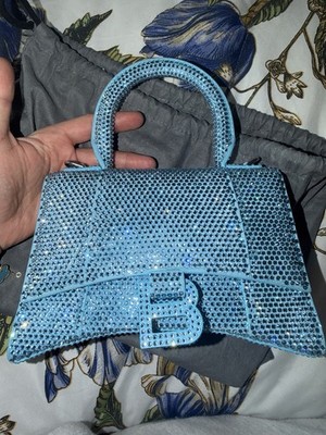Authentic Balenciaga Crystal Hourglass XS Blue Top Handle Bag W