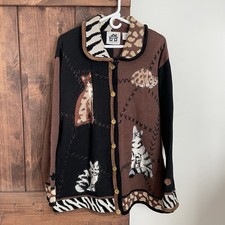 Suéter de Colección Años 90 Libro de Cuentos Tejidos 1X Estampado de Pata de Gato Marrón Botón Cárdigan Gatitos