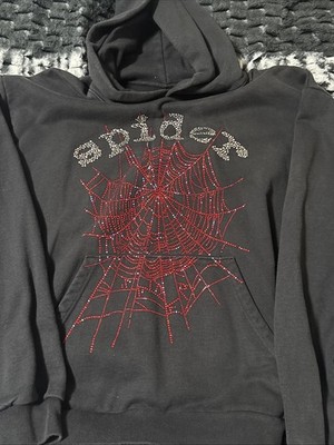 sp5der Men's Black/Red Pullover  Hoodie Rhinestone Spider Web Graphic Mens XL