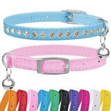 2 Pack Leather Cat Collar with Bell  Rhinestone, Adjustable Breakaway Safety...
