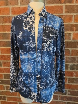 Ralph Lauren Indigo Print Knit Oxford Button Down Shirt Long Sleeve EUC Size Med