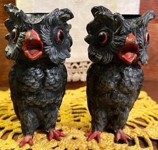 RARE Antique Vintage Halloween Pair German Owl Candleholders & Old Boxed Candles