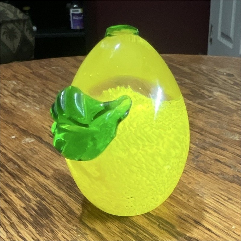 Yellow Glass Decorative Lemon Faux Fruit with Green Leaf, Green, 1 Pack