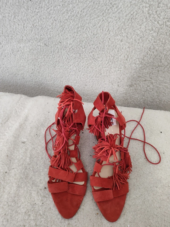 Sandalias Loeffler Randall para mujer 9 rojas gamuza tacón bloque flecos zapatos con cordones Foto 3 de 4