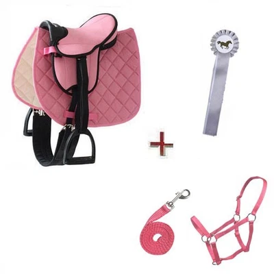 HKM Holzpferd Sattel mit Halfter Set und Siegerschleife für Holzpferd bis 145cm Rosa