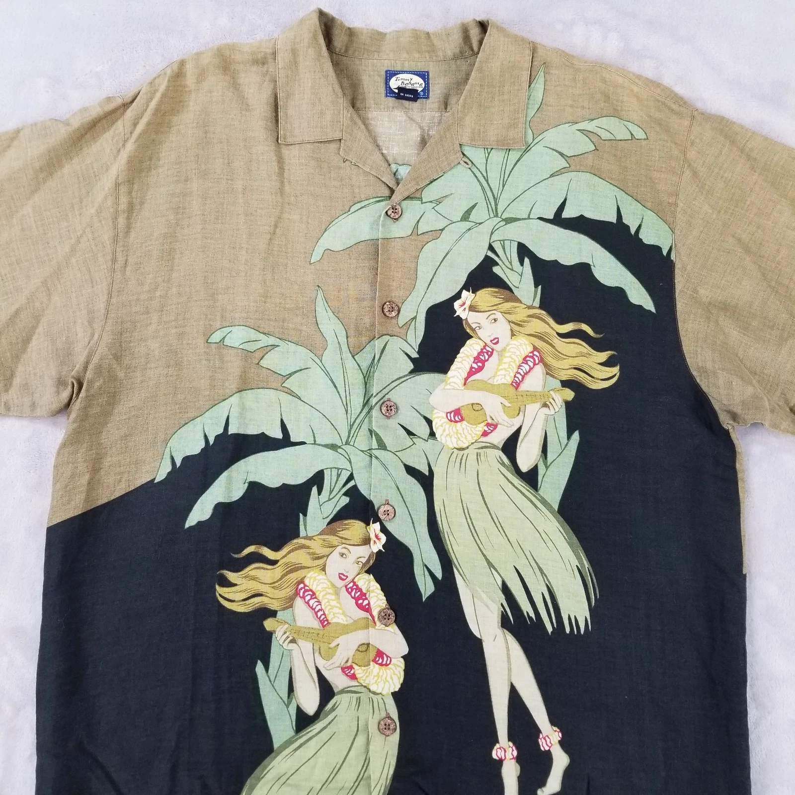 Tommy Bahama Shirt Mens XL Linen Loop Collar Hula Girl Hawaiian Aloha Button