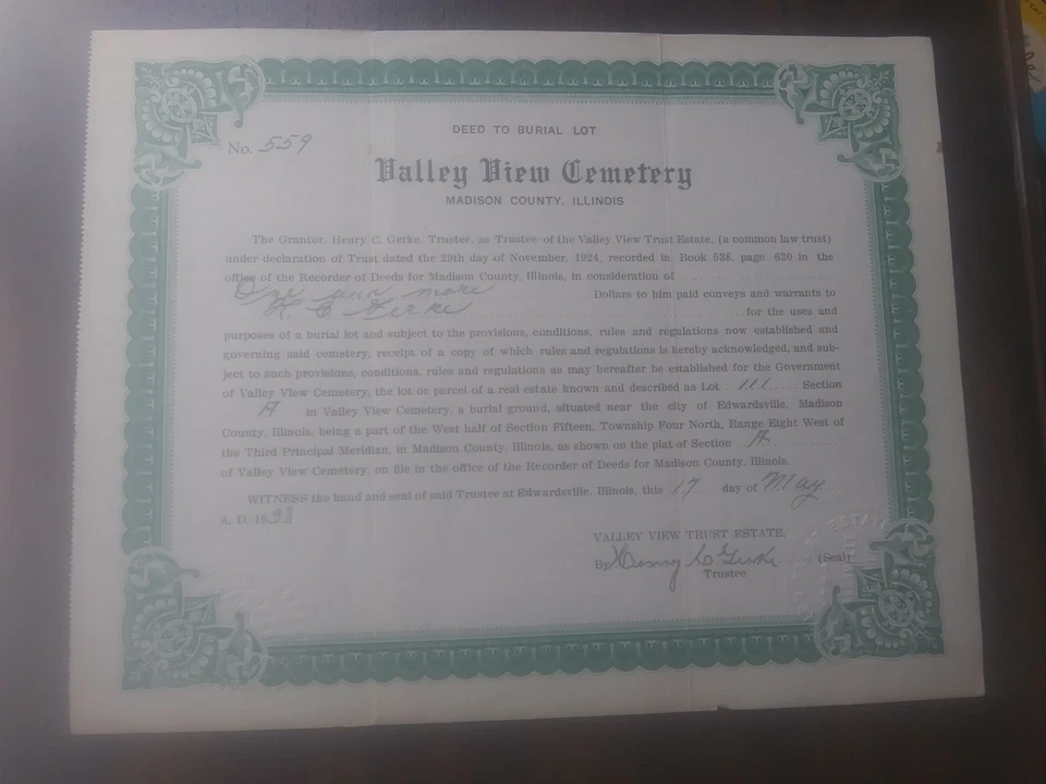 Deed To Burial Lot Plot Valley View Cemetery Madison County Illinois From 1938 - Image 3 of 4
