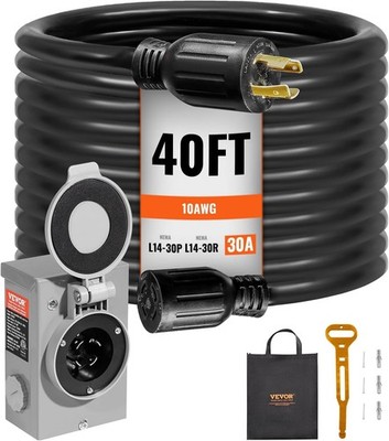 30 Amp Generator Cord and Power Inlet Box Kit for Emergency Power Supply Black