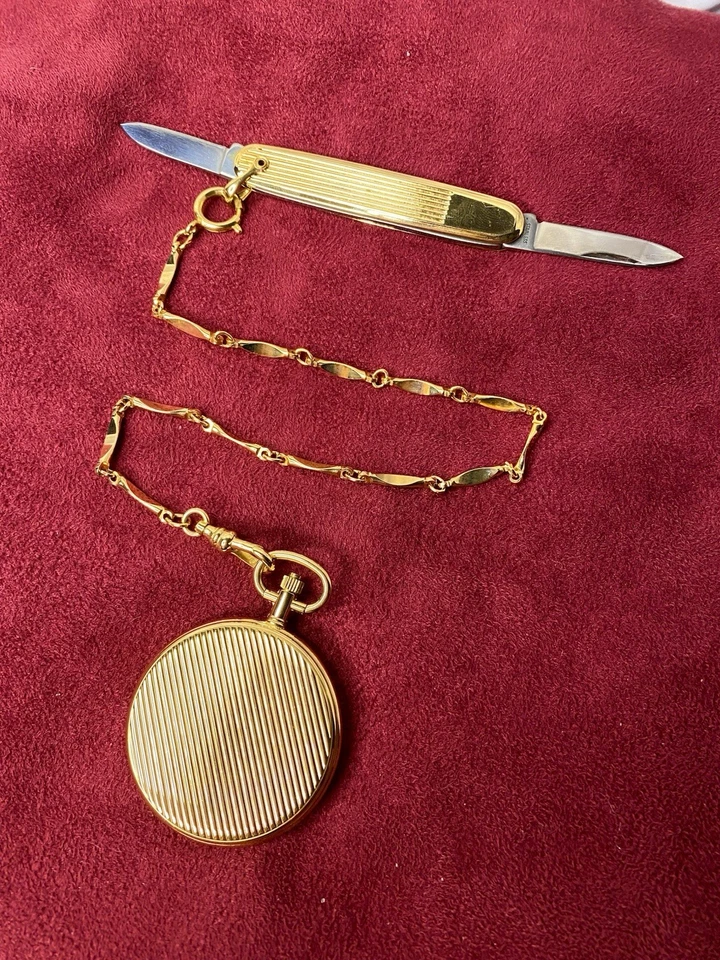 Juego de reloj de bolsillo y cuchillo vintage Colibri of London dorado con cadena - Nuevo en caja Foto 3 de 4