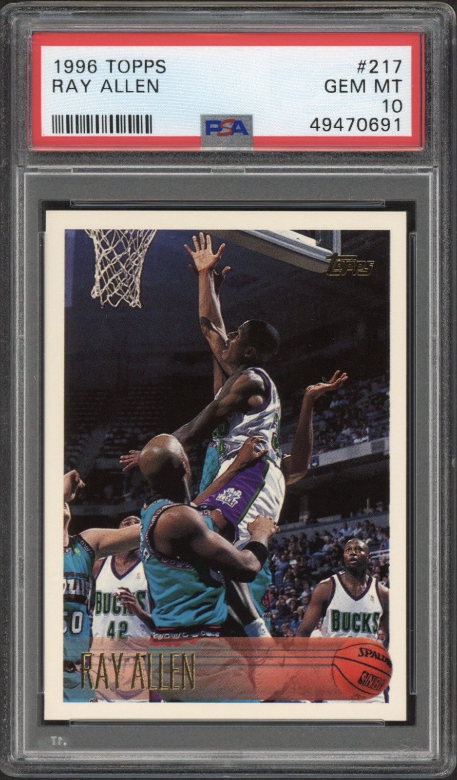 1996 Topps Ray Allen Rookie RC #217 PSA 10 GEM MT HOF Milwaukee Bucks