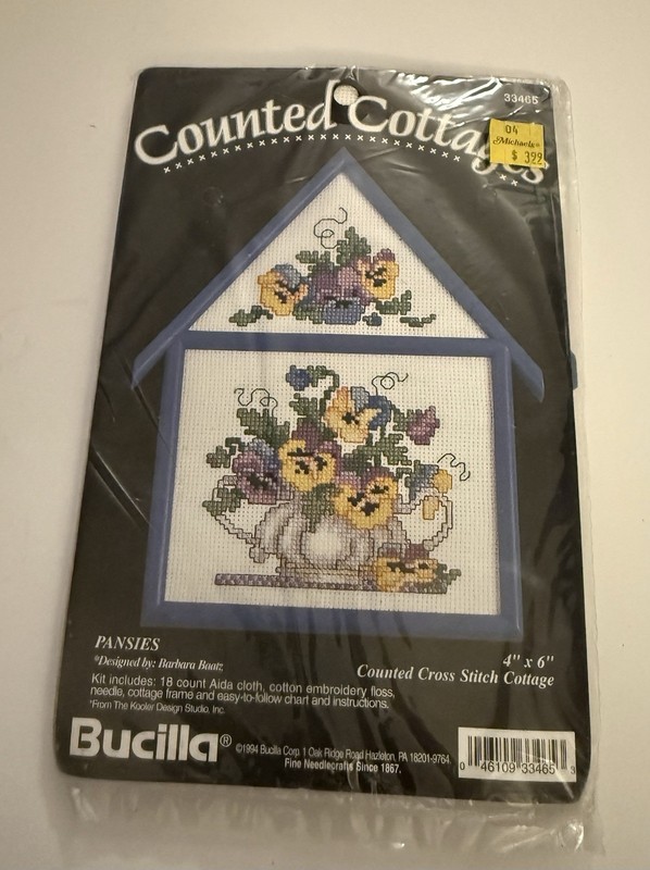 Bucilla 33465  PANSIES Kit 1994 NEW 4x6 with Cottage FRAME Cross Stitch Baatz