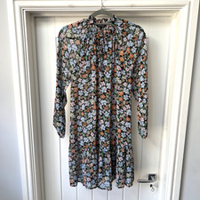 Peacocks Dress Womens UK 8 Multicoloured Floral Knee Length Boho Tiered Tie Neck