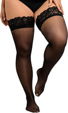 Plus Size Thigh High Stockings: Women Lace Anti-Slip Stay up Sheer Pantyhose Lin