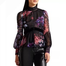 New Ted Baker London Neeveh Floral Ladder Trim Velvet Top Black Mock Neck Sz 4