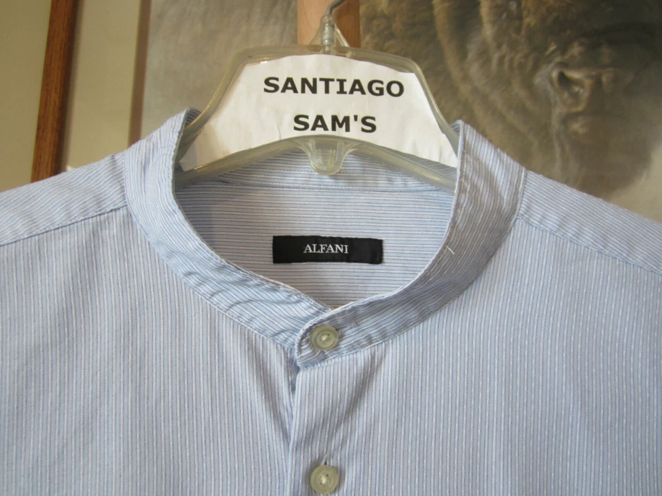 XL 17-31/32 ALFANI 100% ALGODÓN AZUL Y BLANCO RAYAS FINAS CAMISA WESTERN SIN CUELLO Foto 3 de 4
