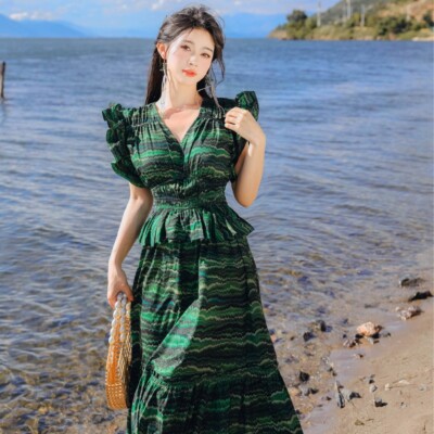 Women Beach Travel Design Style Dress Peacock Green Skirt V-neck Slim Long  Dress | eBay