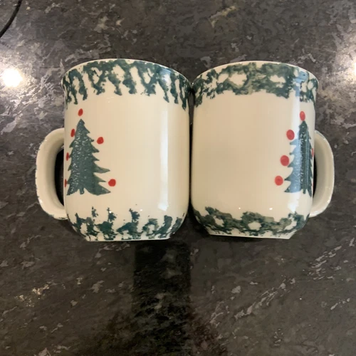 Tienshan Folk Craft Winter Wonderland Mugs Set Of 2 4" Christmas Tree Spongeware