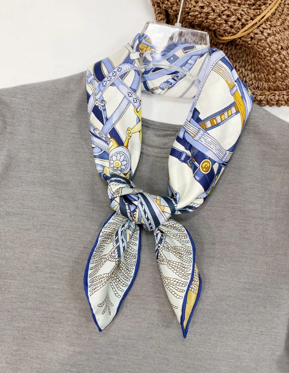100%Silk Mulberry Wrap Shawl Square Blue belt Print Bandanna Scarf 65X65cm NEW