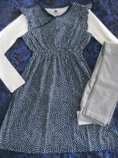 NWT 7 Tea Collection Miyu Wrap Navy White Polka Dot Dress Gray Leggings