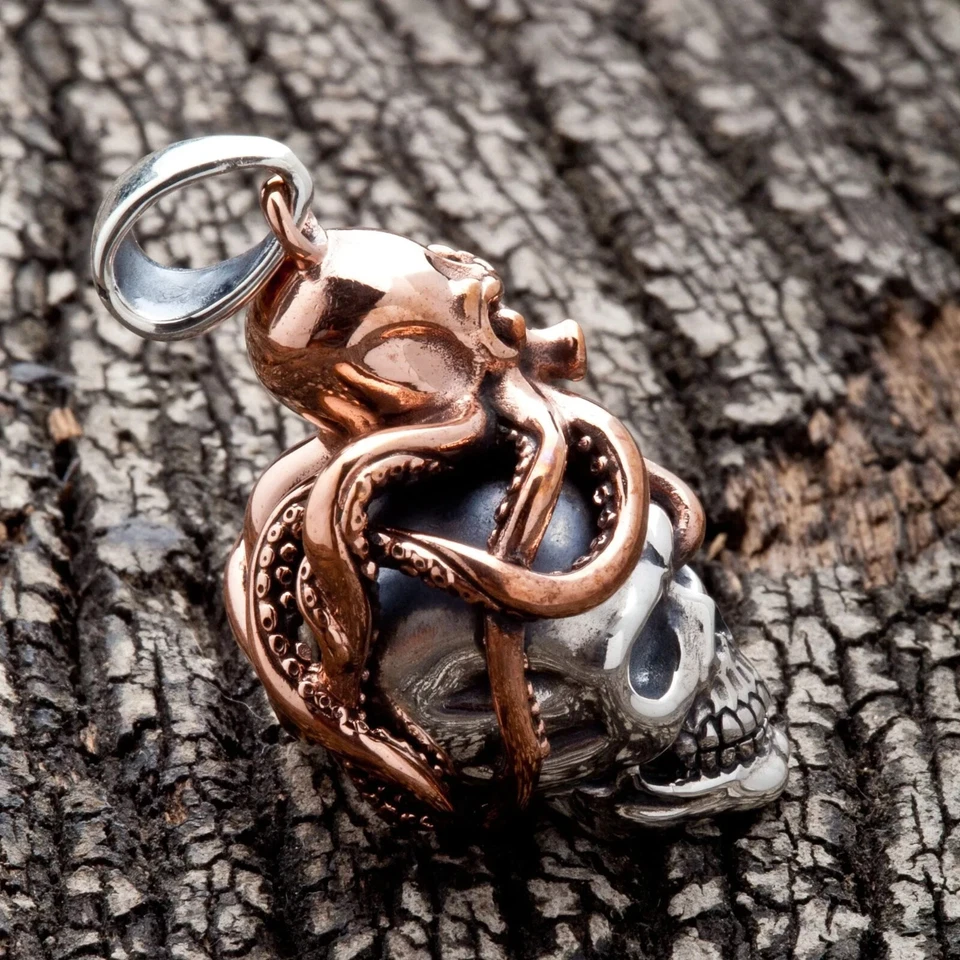 Sterling 925 Silver Skull Copper Octopus Pendant Gothic Biker Devil - Image 3 of 4